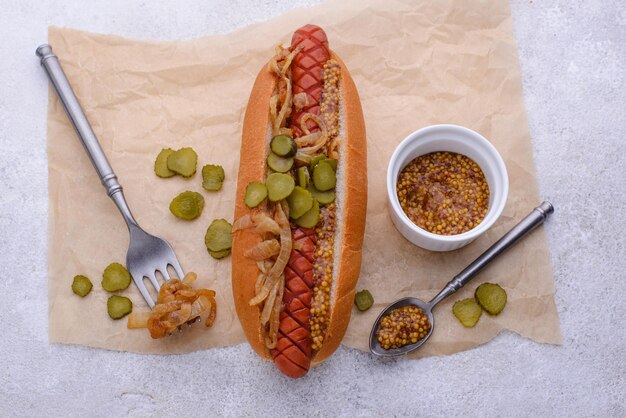 Cachorro-quente com salsichas tradicional americano fast food