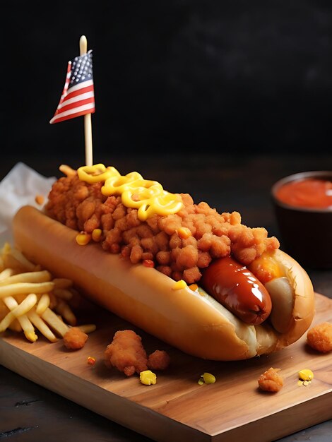 Foto cachorro-quente coreano, batido, frito, incrustado de milho.