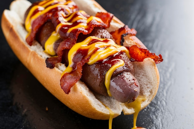 Cachorro-quente de carne grelhada com molho de churrasco, bacon e queijo.