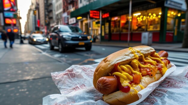 Foto cachorro-quente de rua contra uma rua vibrante da cidade