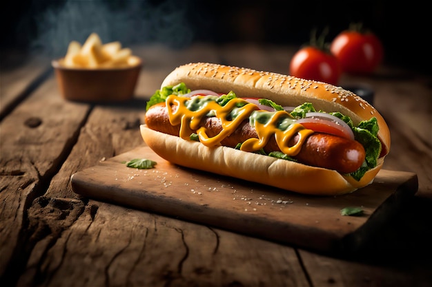 Cachorro-quente delicioso na mesa de madeira rústica gerada por IA Fast food Comida de rua