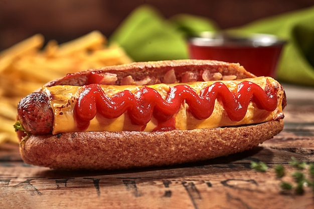 Cachorro-quente em pão integral com molho de tomate e queijo salsicha