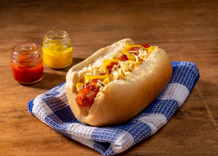 Foto cachorro-quente em tecido azul com dois potinhos com mostarda e ketchup.