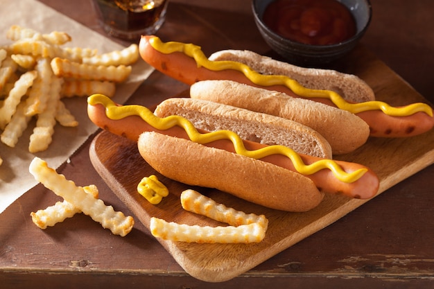 Cachorro-quente grelhado com mostarda e batata frita