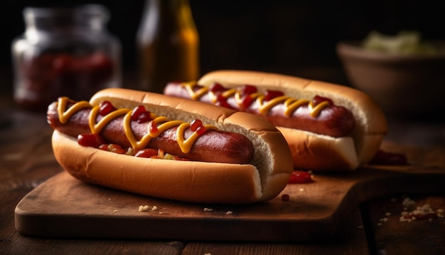 Cachorro-quente grelhado em pão rústico com ketchup e cebola gerado por inteligência artificial