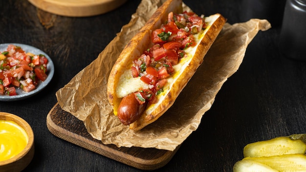 Cachorro-quente mexicano estilo de rua com salsa em uma tábua de madeira em fundo escuro