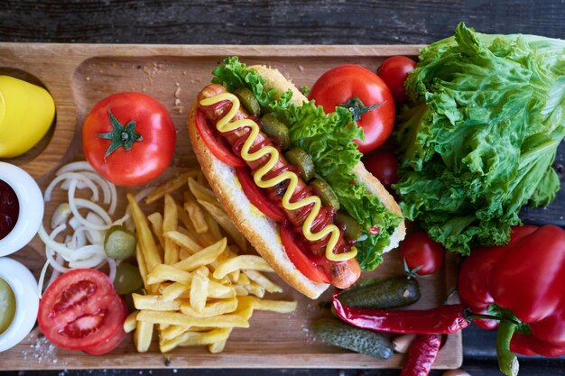 Foto cachorro-quente para churrasco servido com legumes e batatas fritas e molhos na tábua de madeira