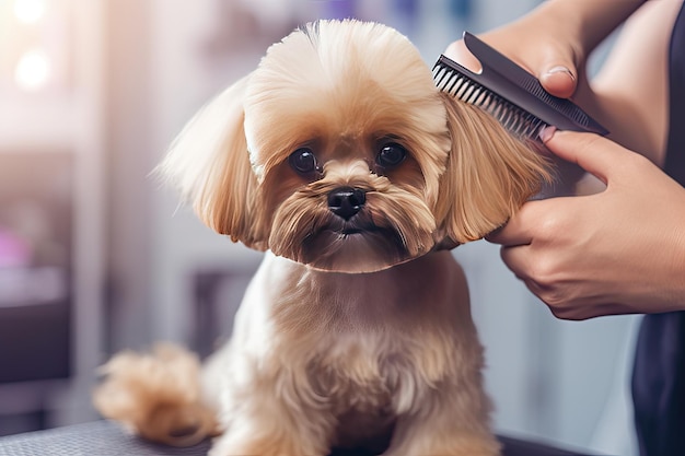 Foto cachorro de ráfaga lindo siendo arreglado por peluquero de perros ia generativa