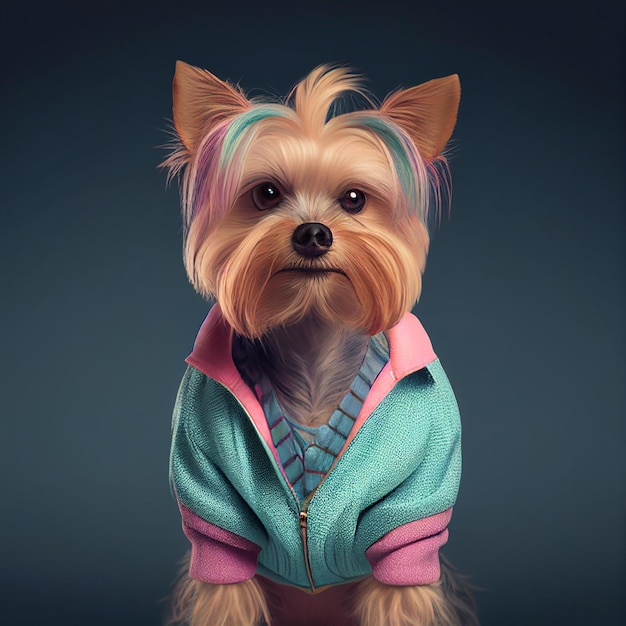 Cachorro realista em roupas vintage pastel brilhantes comercial