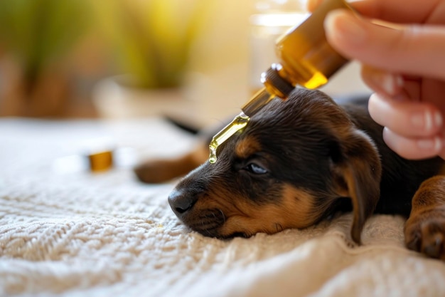 Foto cachorro recebe calmamente o gotejador de óleo