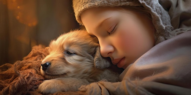 Foto cachorro recién nacido con niño