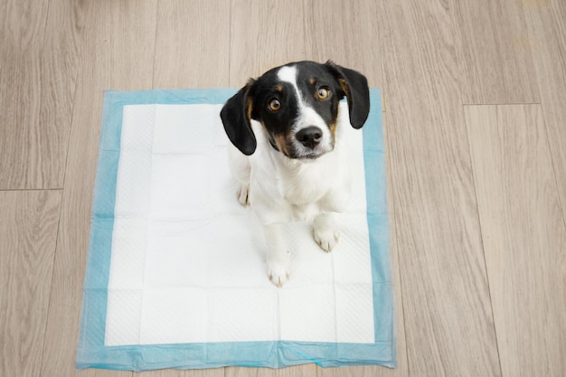 Cachorro retrato sentado em uma almofada de treinamento de xixi olhando para cima no chão de madeira