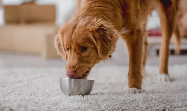 Cachorro retriever Toller comendo ração de uma tigela de metal em casa e olhando para a câmera. Animal de estimação cão de raça pura com comida dentro de casa