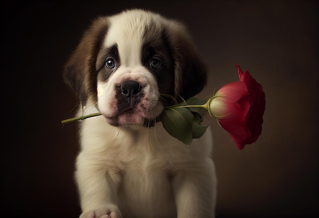 Un cachorro con una rosa en la boca.