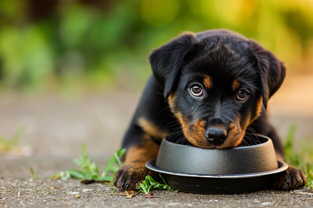 Cachorro rottweiler sosteniendo un cuenco en la boca