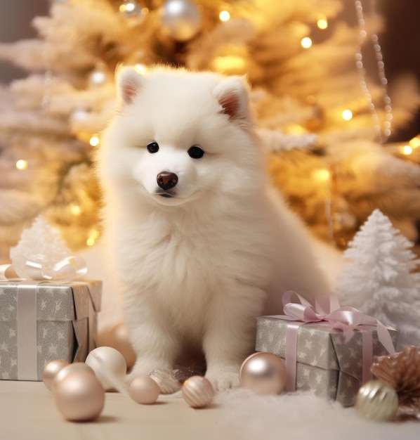 un cachorro de samoyed blanco sentado sobre las decoraciones de Navidad