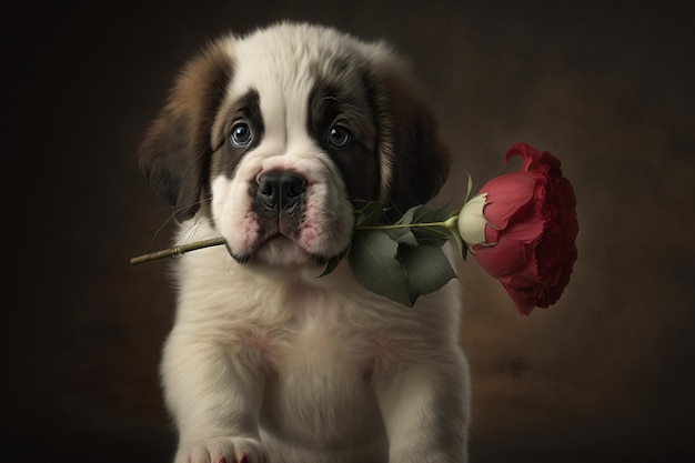 Un cachorro de san bernardo sostiene una rosa en su boca.