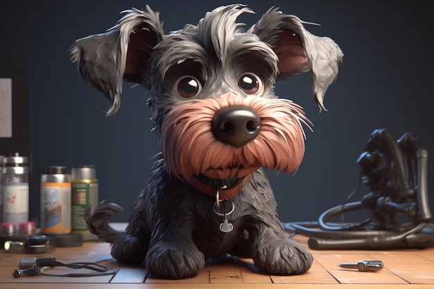 Cachorro schnauzer miniatura sentado no chão e olhando para a câmera