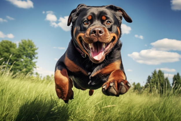 Cachorro se divertindo e correndo em direção à câmera babando voando em um gramado verde Generative ai