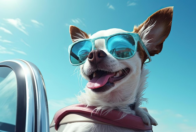 cachorro se divertindo no carro no estilo azul claro e vermelho