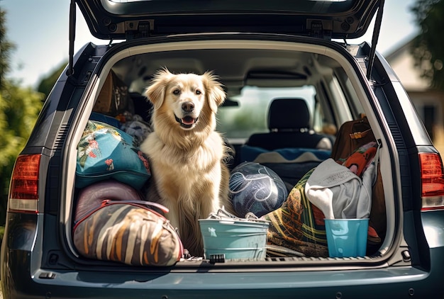 cachorro segura itens no porta-malas de um carro em estilo arejado e leve