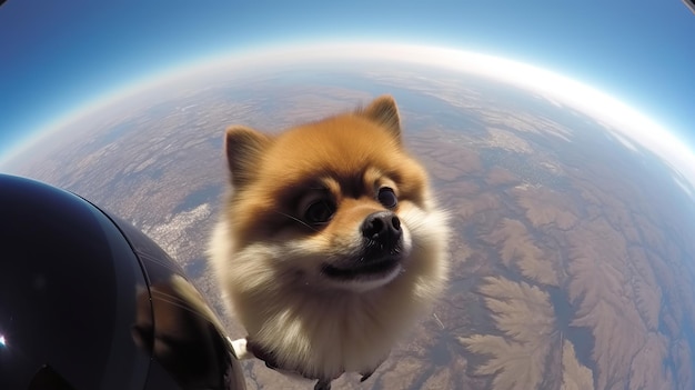 Cachorro selfie flutuando de tirar o fôlego em belo estilo no fundo panorâmico Beleza da natureza