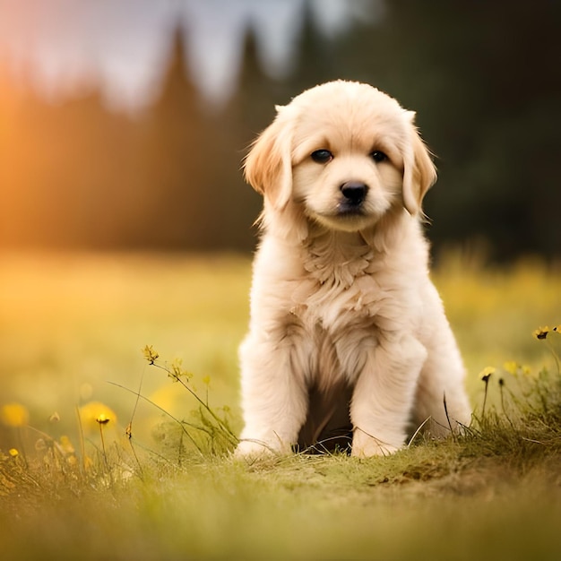 Un cachorro sentado en un campo con flores amarillas al fondo.