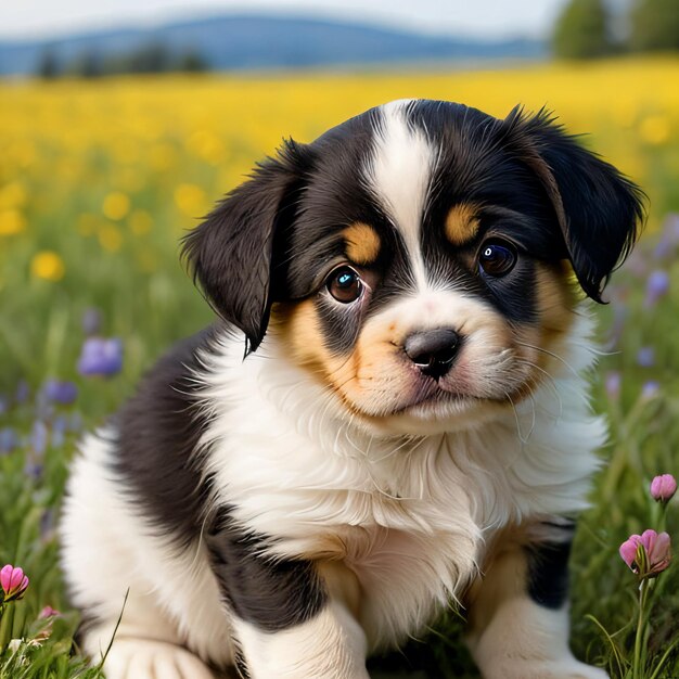 Foto un cachorro sentado en un campo de flores