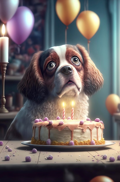 Cachorro sentado em frente a um bolo com velas