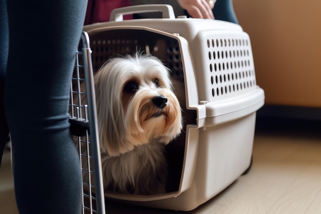 Cachorro sentado em uma caixa de transporte para animais de estimação Movendo-se com animais gerados por IA