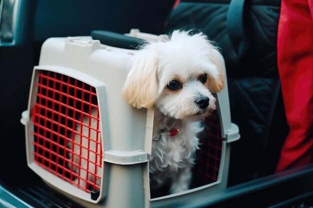 Cachorro sentado em uma caixa de transporte para animais de estimação Movendo-se com animais