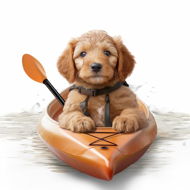 cachorro sentado en un kayak con un remo en el agua ai generativo