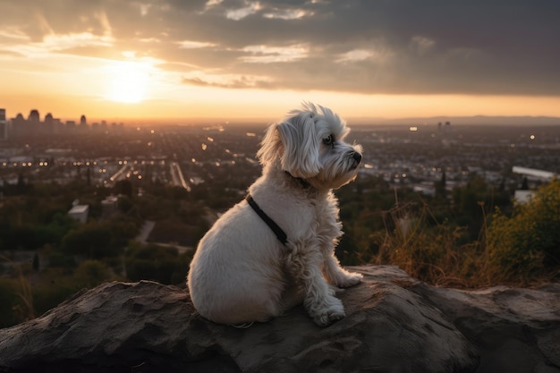 Cachorro sentado na rocha ao pôr do sol com vista para a cidade ao fundo criado com ai generativa