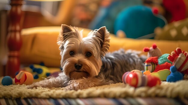 Cachorro sentado no sofá brincando com brinquedos