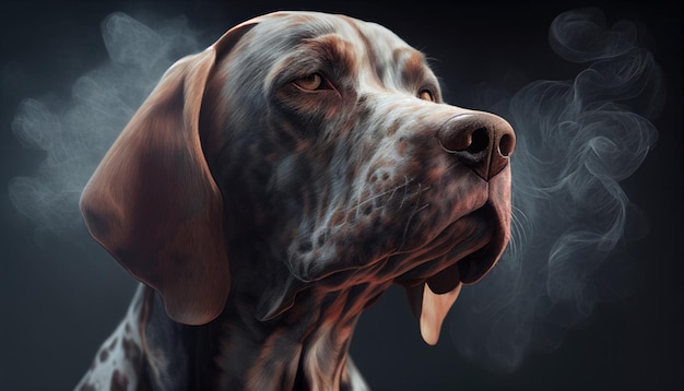 Cachorro sério na fumaça em blackground escuro por Generative AI