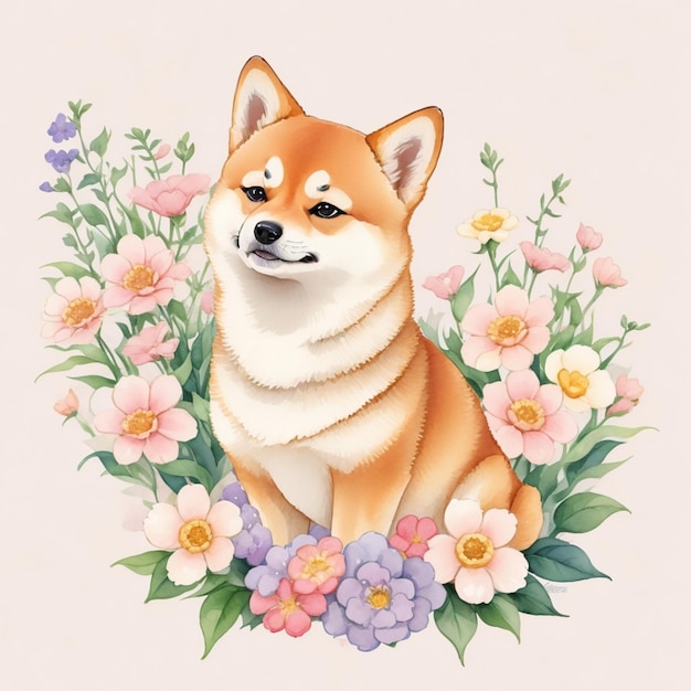 Cachorro shiba fofo com flores generativas ai