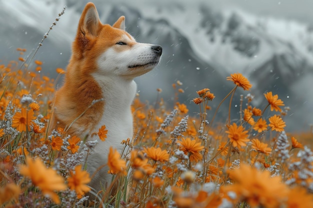 Cachorro Shiba Inu contempla a primeira neve no prado alpino do outono