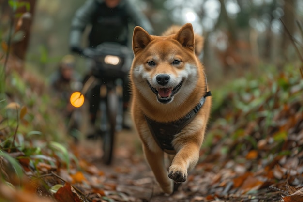 Cachorro Shiba Inu corre com um ciclista em uma caminhada