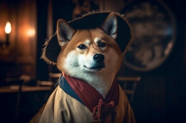 Cachorro Shiba Inu em roupas tradicionais japonesas Generative AI