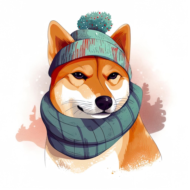 Cachorro shiba inu fofo no chapéu de inverno e ilustração generativa de cachecol ai