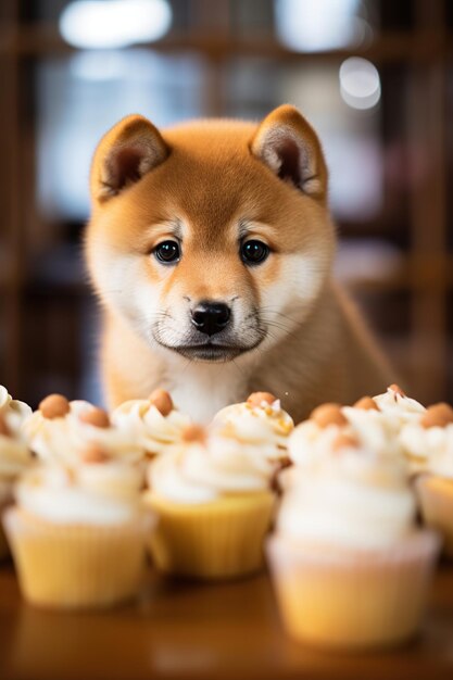 Foto cachorro shiba inu olhando para cupcakes na mesa