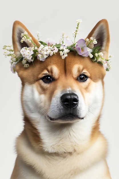 Cachorro Shiba Inu ruivo bonito em uma coroa de flores na cabeça sobre um fundo branco isolado