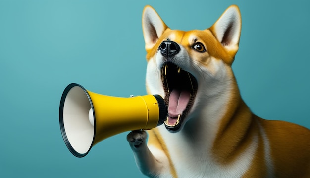 Foto cachorro shiba segura um alto-falante amarelo gritando no fundo azul suave do estúdio generative ai