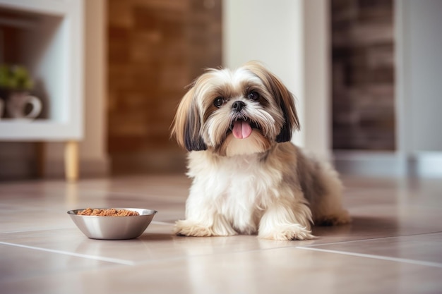 Cachorro Shih Tzu com tigela de comida