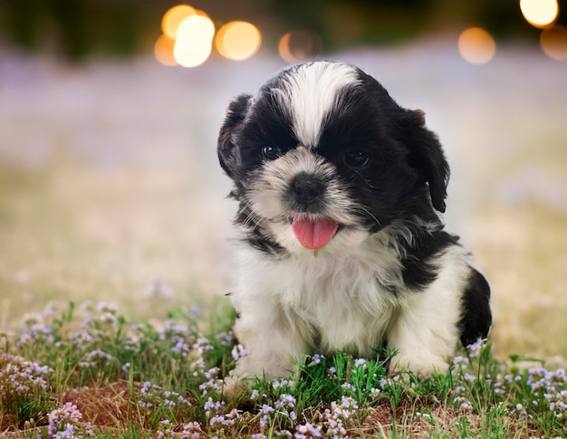 cachorro shih tzu frente al fondo de la naturaleza