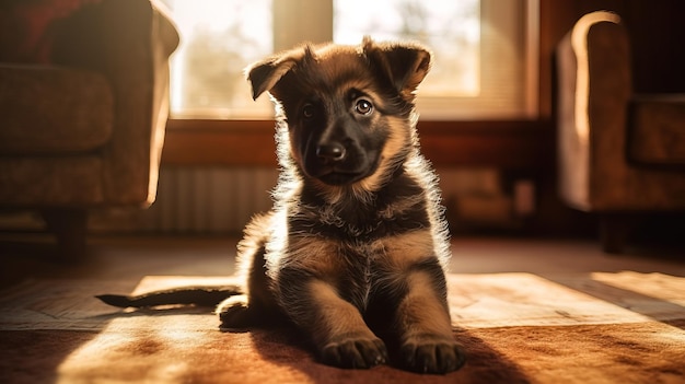 Un cachorro se sienta en una alfombra frente a una ventana.