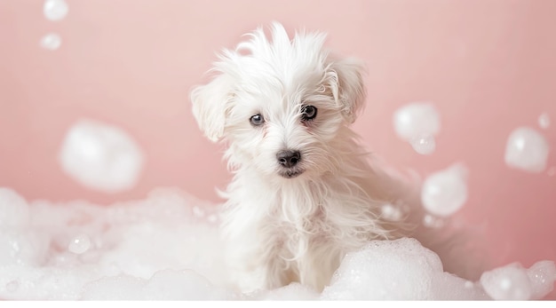 un cachorro se sienta en un baño de burbujas con burbujas en el fondo