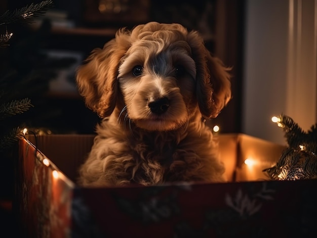 Foto un cachorro se sienta en una caja como regalo de año nuevo bajo el árbol de navidad