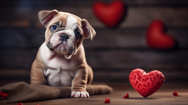 el cachorro se sienta cerca del corazón en un fondo de madera AI generativa AI