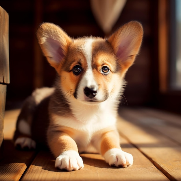 Foto el cachorro se sienta y mira la raza welsh corgi